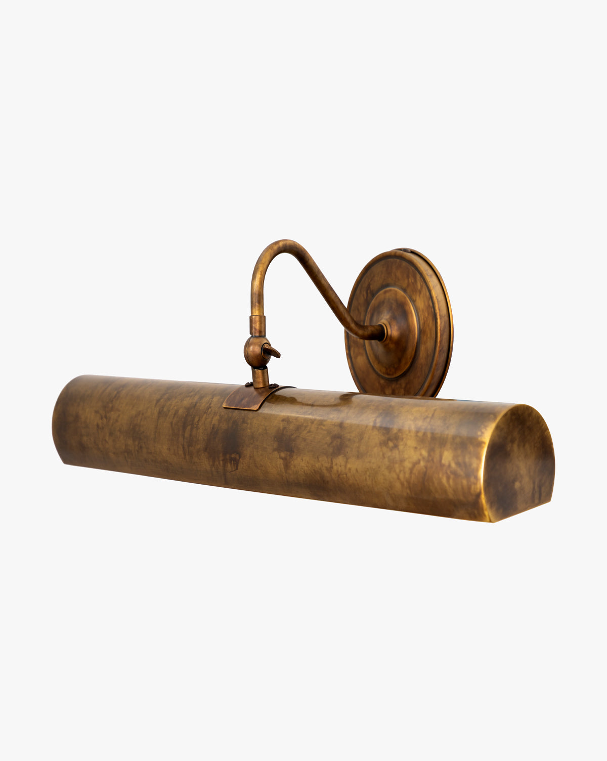 The Gallery Picture Sconce, with a vintage look, features a burnished bronze finish, rounded rectangular shade, and arched arm on a circular wall mount, displayed against a white background by Vendixs