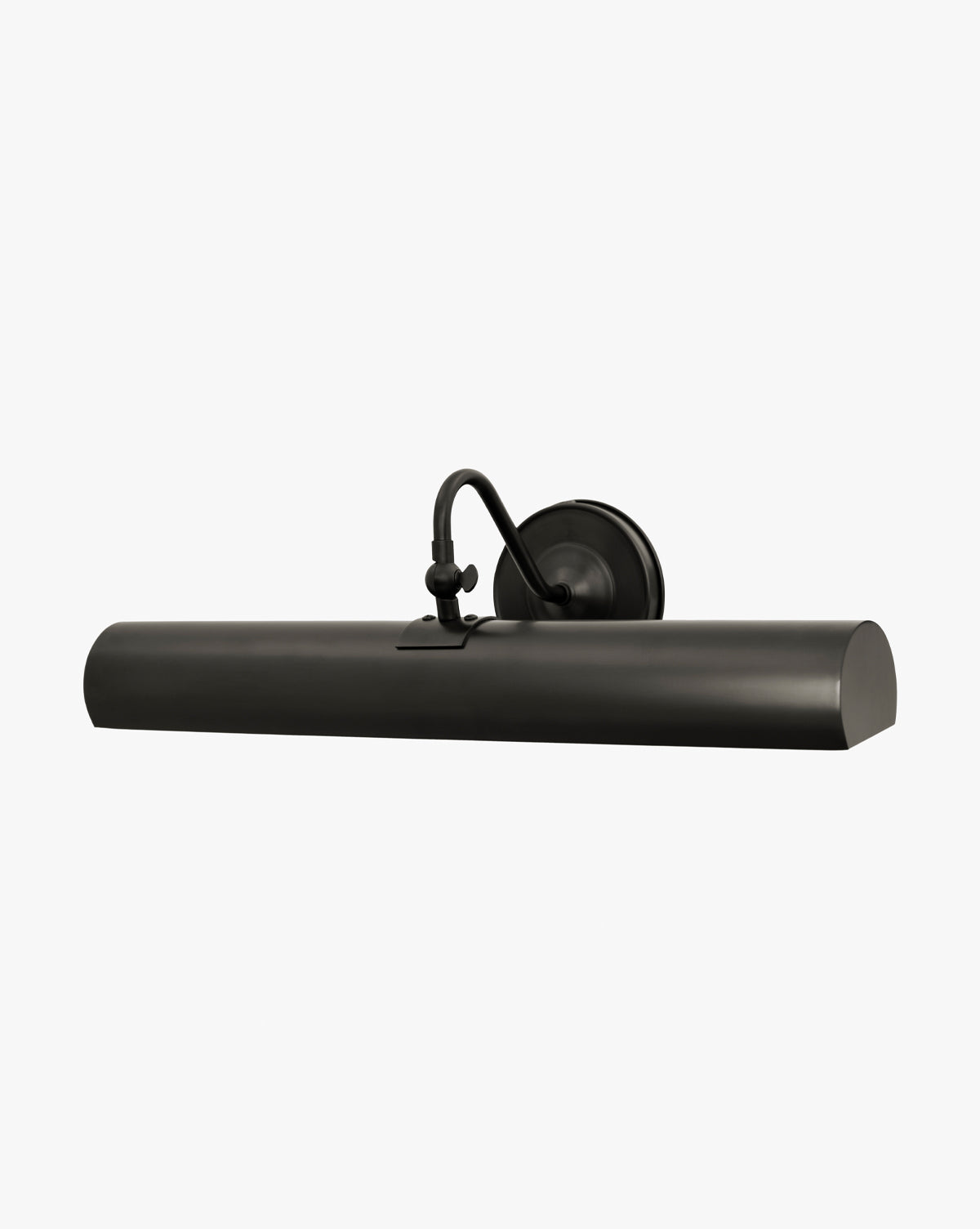 The Gallery Picture Sconce is a vintage-inspired black wall light with a cylindrical shade and curved arm, perfect for illuminating artwork or photos, by Vendixs Shown against a plain white background.