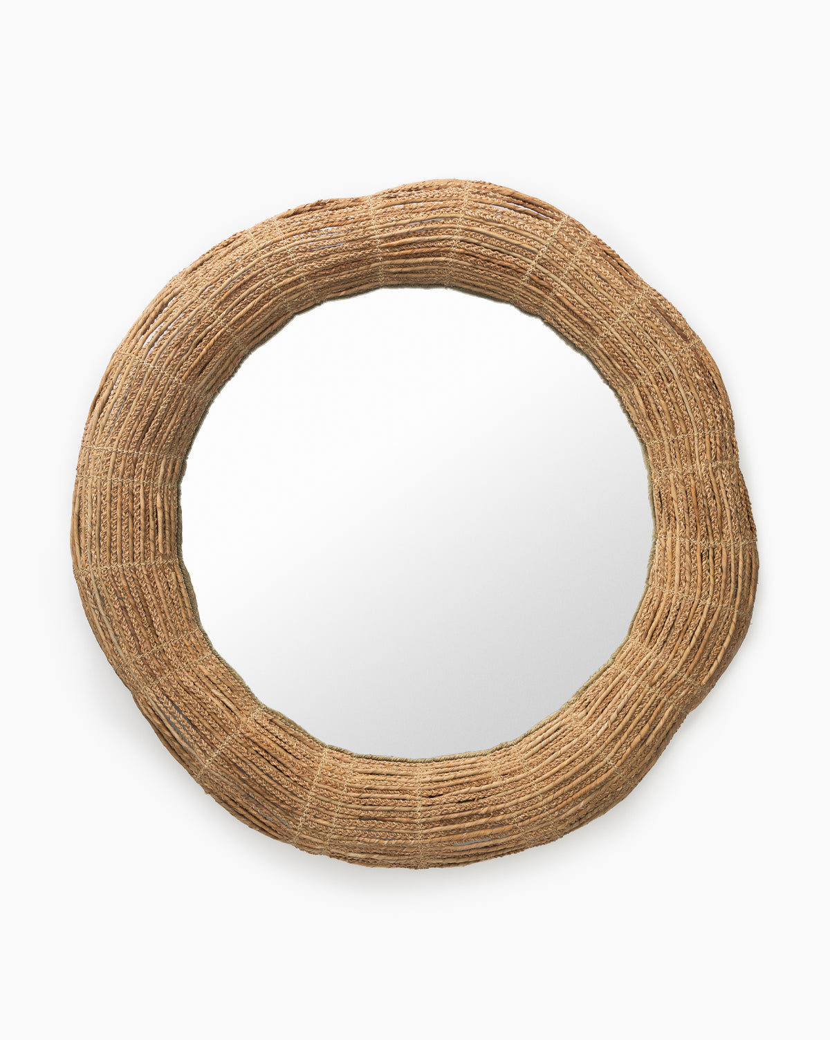 The Gareth Woven Mirror features a round design with a thick, textured frame made from natural fibers, creating a rustic, earthy look and a beautiful natural finish, by Vendixs
