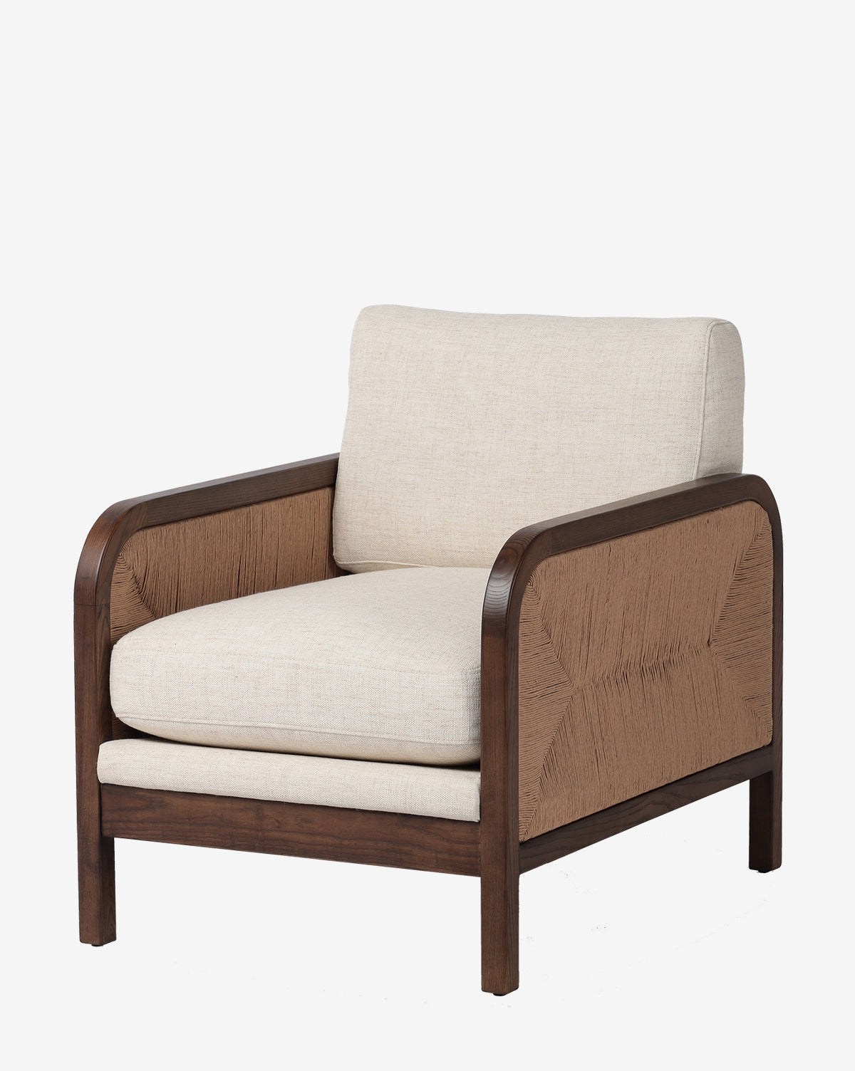 The Garvey Lounge Chair showcases a modern solid ash frame, beige cushions, and textured light brown side panels, set against a white background by McGee & Co.
