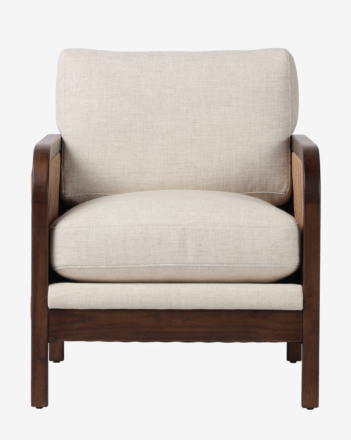 Front view of the Garvey Lounge Chair with light beige cushions and a dark solid ash wood frame, displayed against a plain white background, by McGee & Co.