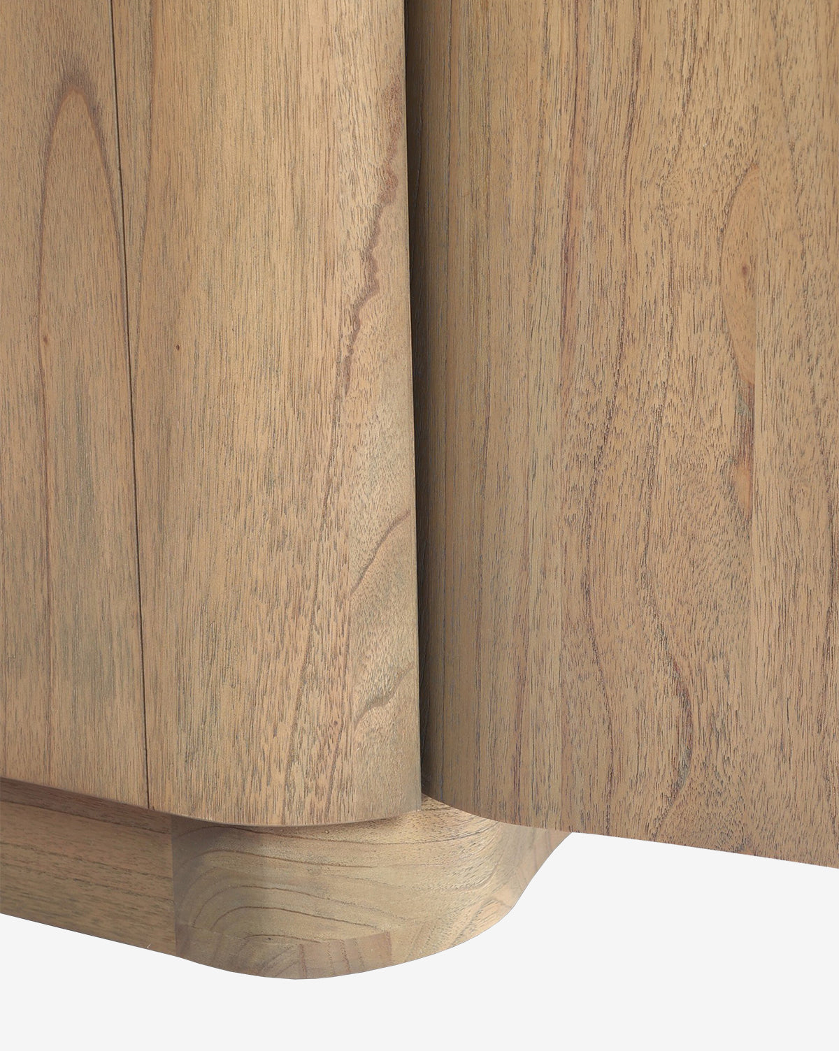 Close-up of the Gatlin Nightstand’s corner, crafted from solid mindi wood with smooth, rounded edges and visible wood grain—showcasing its quality as a stylish bedside storage solution by Vendixs