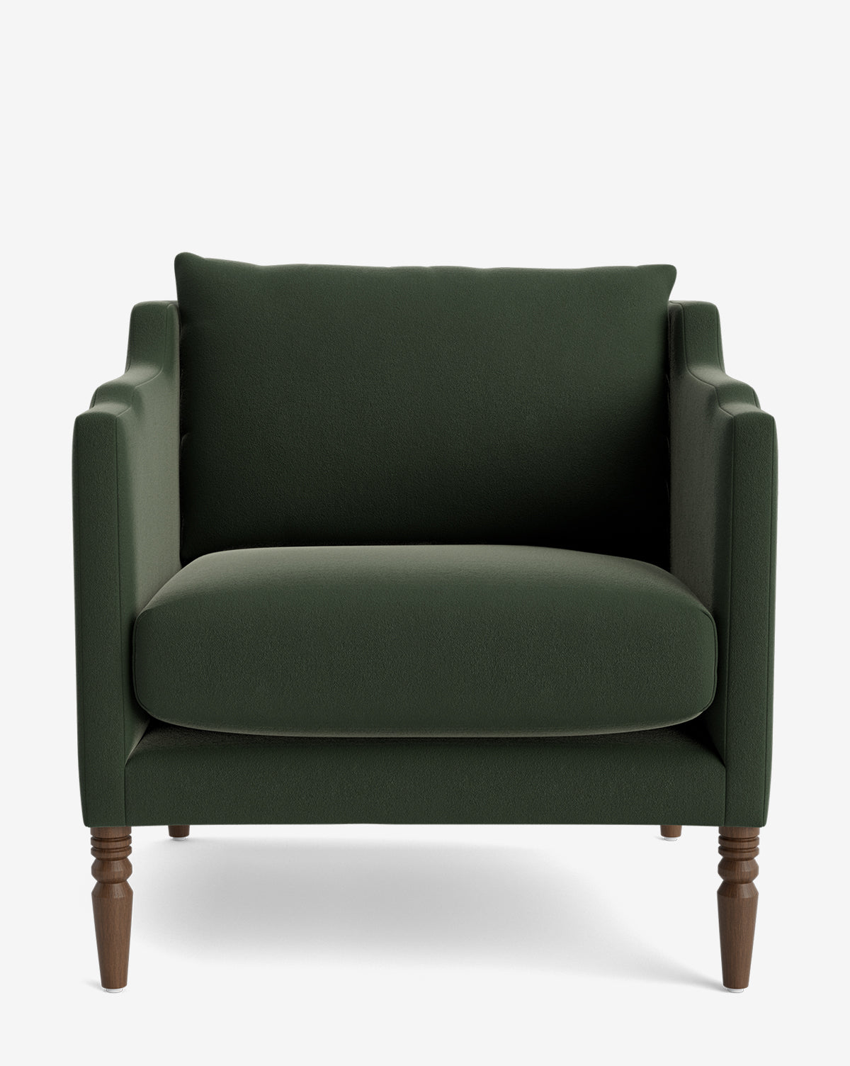 A dark green Gemma Lounge Chair with high-quality fabric upholstery, traditional turned legs, shown from the front on a plain white background, by McGee & Co.