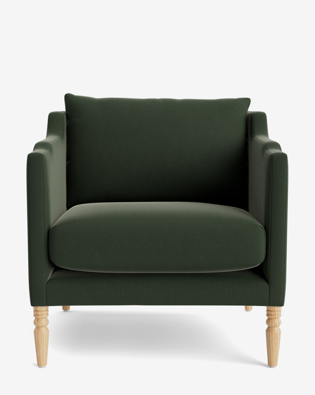The Gemma Lounge Chair is a dark green armchair featuring a wide seat, square arms, cushioned back, high-quality fabric, and light wooden legs, set against a plain white background by McGee & Co.
