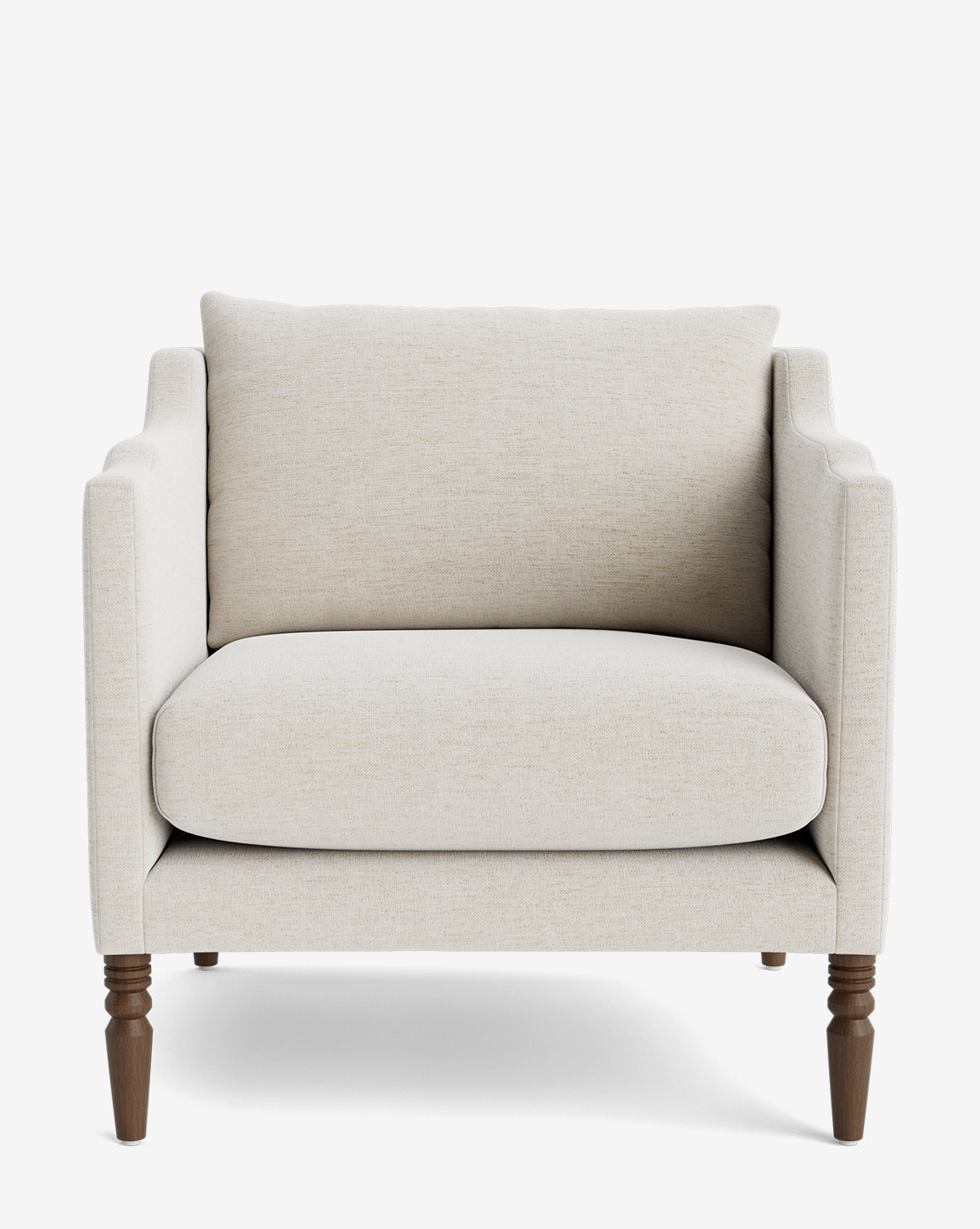 A front-facing view of the Gemma Lounge Chair featuring light beige high-quality fabric upholstery, square arms, a cushioned seat and back, and dark wooden traditional turned legs, by McGee & Co.