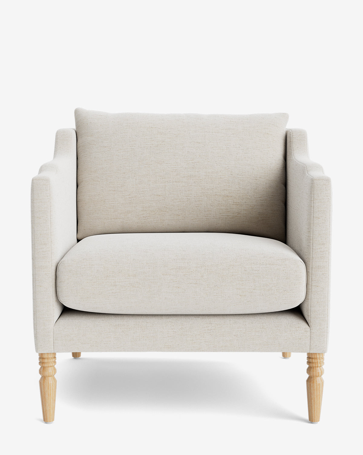 The Gemma Lounge Chair features premium cream fabric, a cushioned seat and backrest, straight armrests, and classic turned legs—all displayed from the front on a white background by McGee & Co.