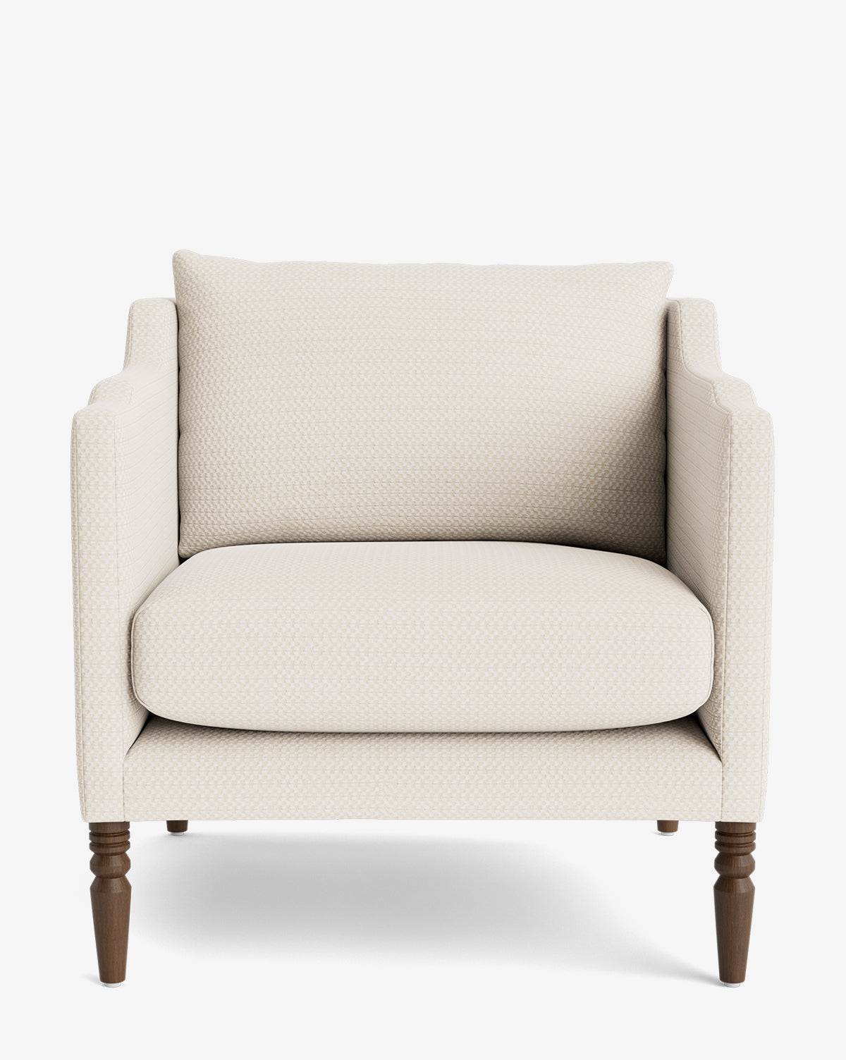The Gemma Lounge Chair has cream, high-quality fabric upholstery, square arms, a plush back cushion, and four traditional turned legs, shown facing forward against a white background by McGee & Co.