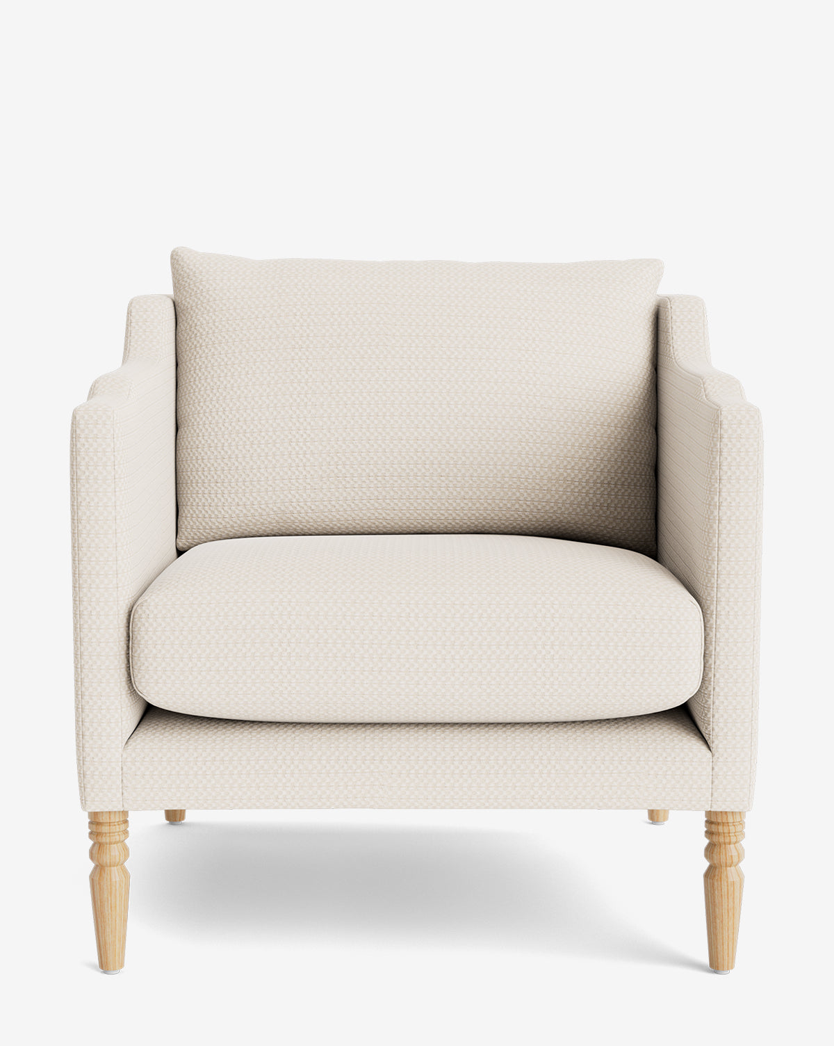 The Gemma Lounge Chair is a beige, front-facing armchair featuring high-quality textured fabric upholstery, a cushioned backrest, and traditional turned legs, displayed on a plain white background by Vendixs
