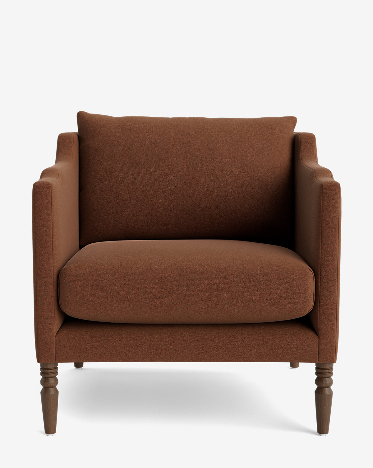 The Gemma Lounge Chair is a brown upholstered armchair with cushioned seat and backrest, straight arms, and four wooden legs, crafted from high-quality fabric and photographed against a plain white background by Vendixs