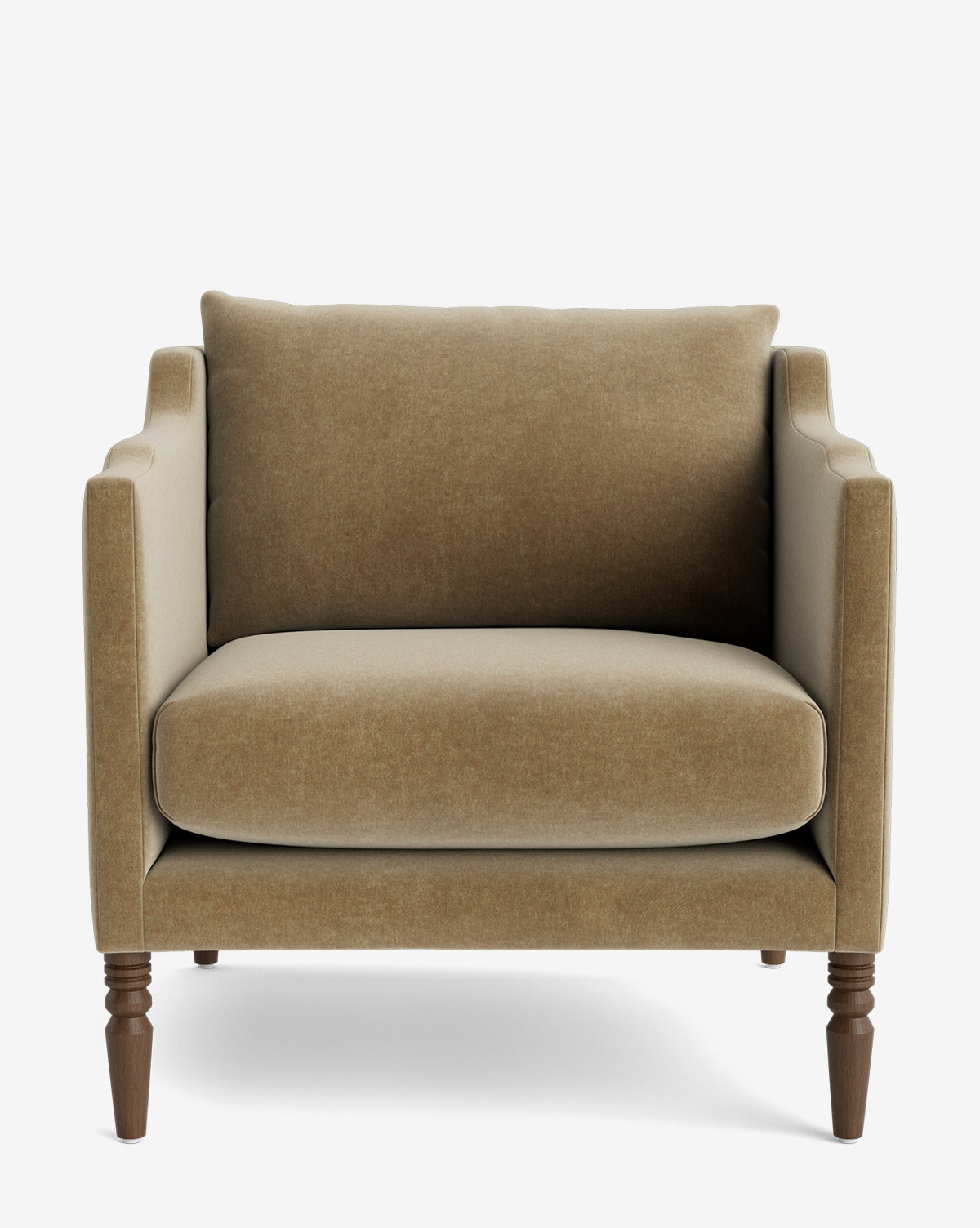 The Gemma Lounge Chair is a wide, beige upholstered armchair with cushioned seat and backrest, straight arms, and traditional turned wooden legs, shown against a plain white background by McGee & Co.