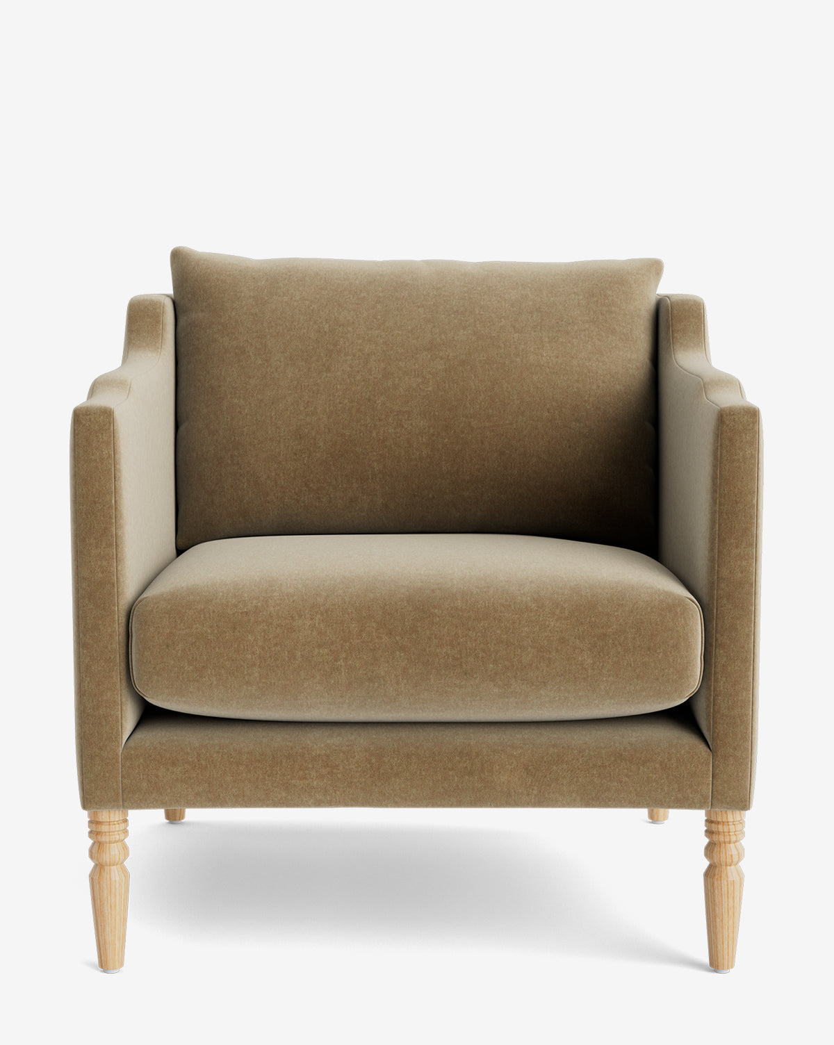 The Gemma Lounge Chair is a beige armchair with straight, clean lines, light wooden legs, and high-quality fabric upholstery, shown from the front against a white background by Vendixs