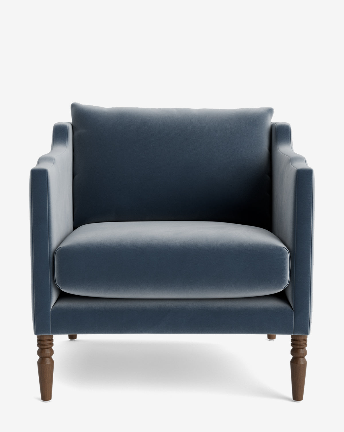 The Gemma Lounge Chair is a dark blue armchair with high-quality fabric, traditional turned legs, square arms, a wide cushioned seat, and matching back cushion, pictured against a plain white background by McGee & Co.