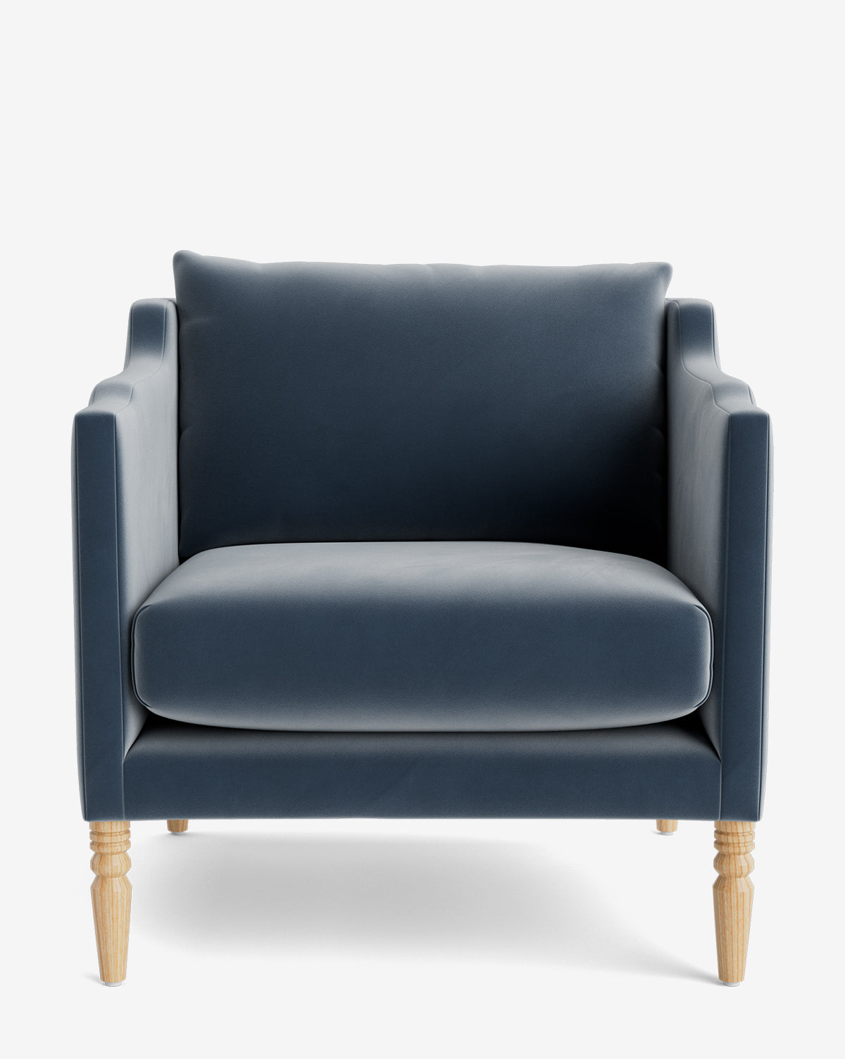 A modern navy blue Gemma Lounge Chair features high-quality fabric, wooden legs, square armrests, and cushioned seat and backrest, displayed against a plain white background by McGee & Co.