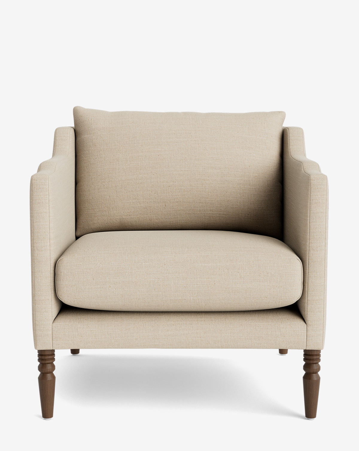The Gemma Lounge Chair showcases high-quality fabric upholstery, square arms, plush seat and back cushions, and elegant traditional turned legs on a plain white background by McGee & Co.