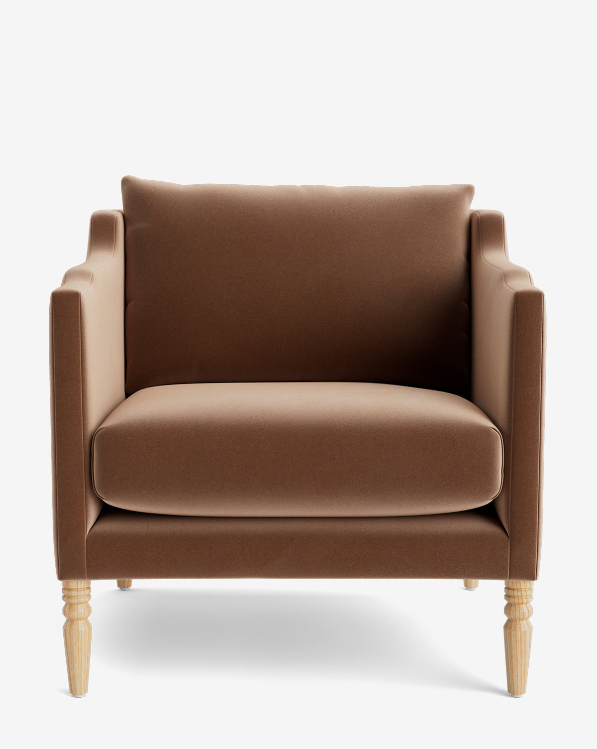 The Gemma Lounge Chair showcases quality fabric upholstery, a plush seat and back cushion, square arms, and light wooden legs, presented against a plain white background by McGee & Co.