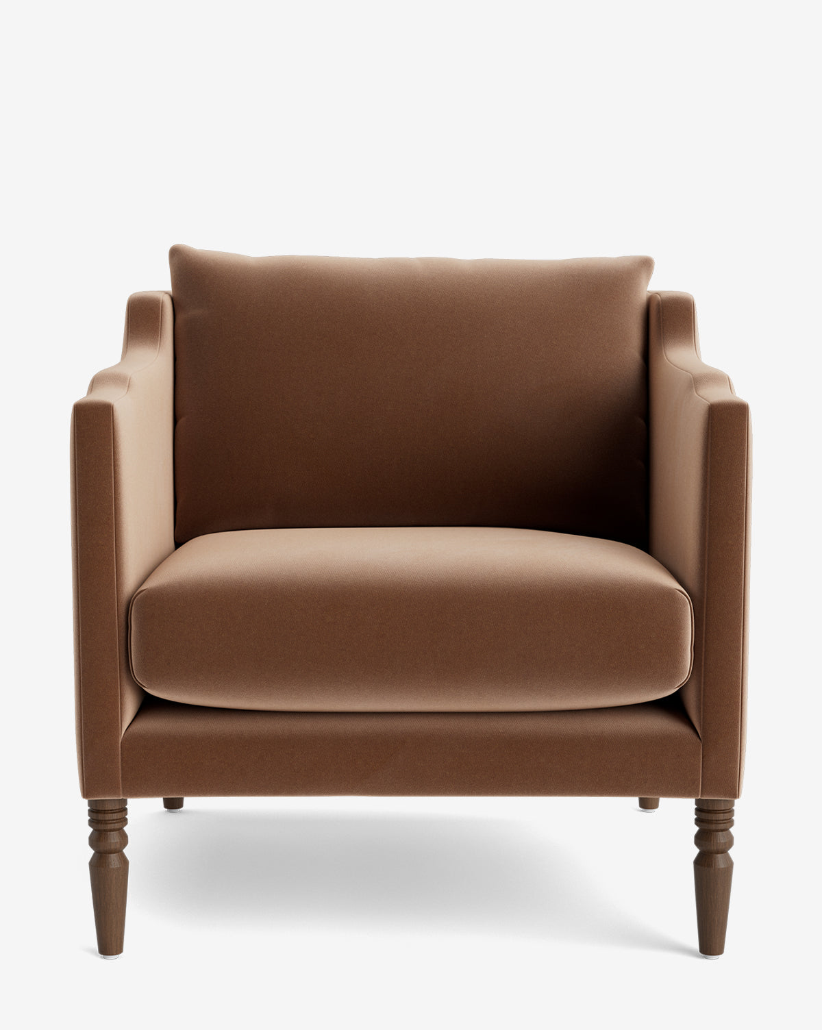 The Gemma Lounge Chair is a brown upholstered armchair with clean lines, a wide padded seat and backrest, curved arms, and traditional turned legs, crafted from quality fabric and shown from the front against a white background by McGee & Co.