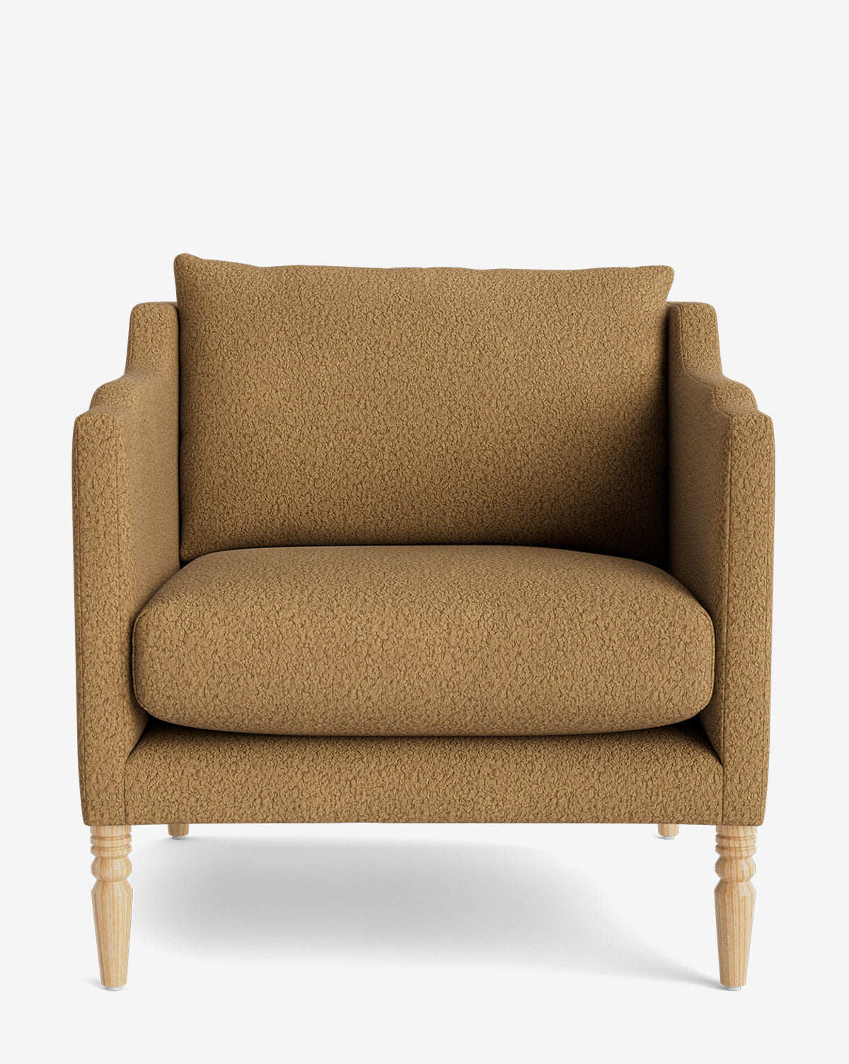 The Gemma Lounge Chair is a brown upholstered armchair with a wide seat, plush back cushion, high-quality fabric, and light wooden legs, displayed on a white background by McGee & Co.