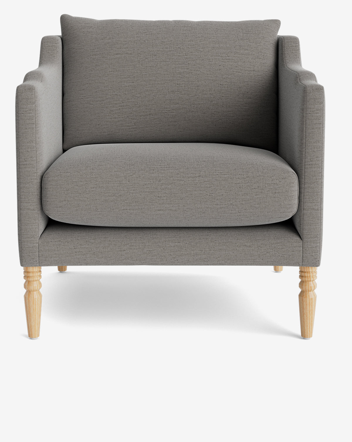 The Gemma Lounge Chair is a modern gray chair with cushioned seat and backrest, straight armrests, and high-quality fabric upholstery, shown against a white background by McGee & Co.