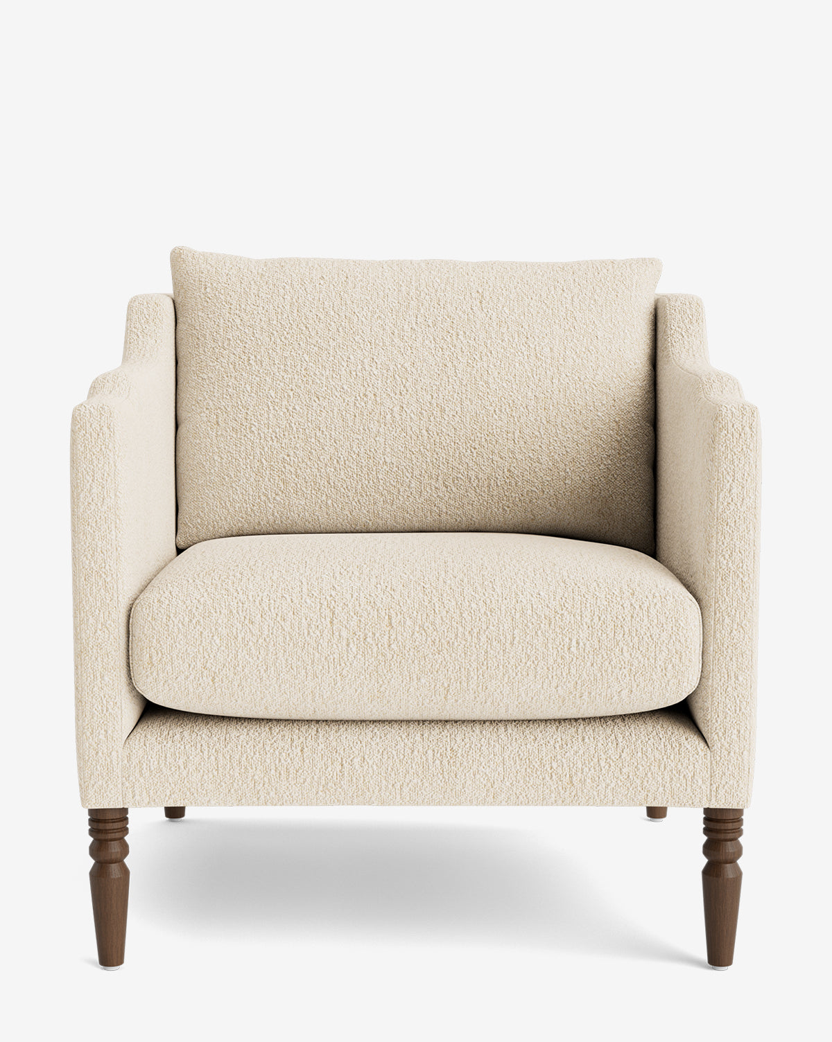 Gemma Lounge Chair: Cream-toned armchair with premium fabric, supportive seat and back cushions, traditional turned legs; shown front-facing on a plain white background, by McGee & Co.