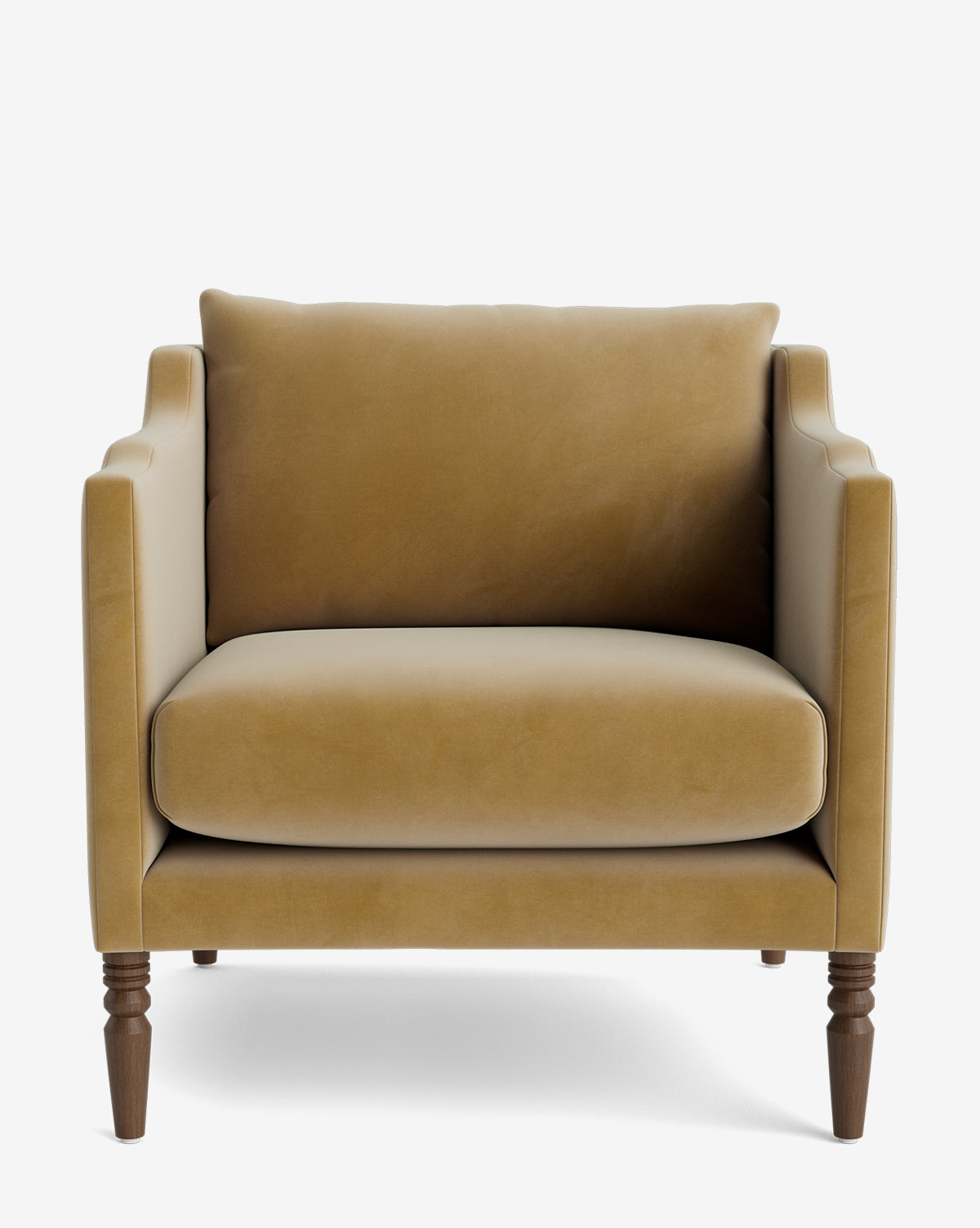 A front view of the Gemma Lounge Chair shows light brown high-quality fabric upholstery, square arms, cushioned seat and back, and four traditional turned wooden legs against a plain white background by McGee & Co.