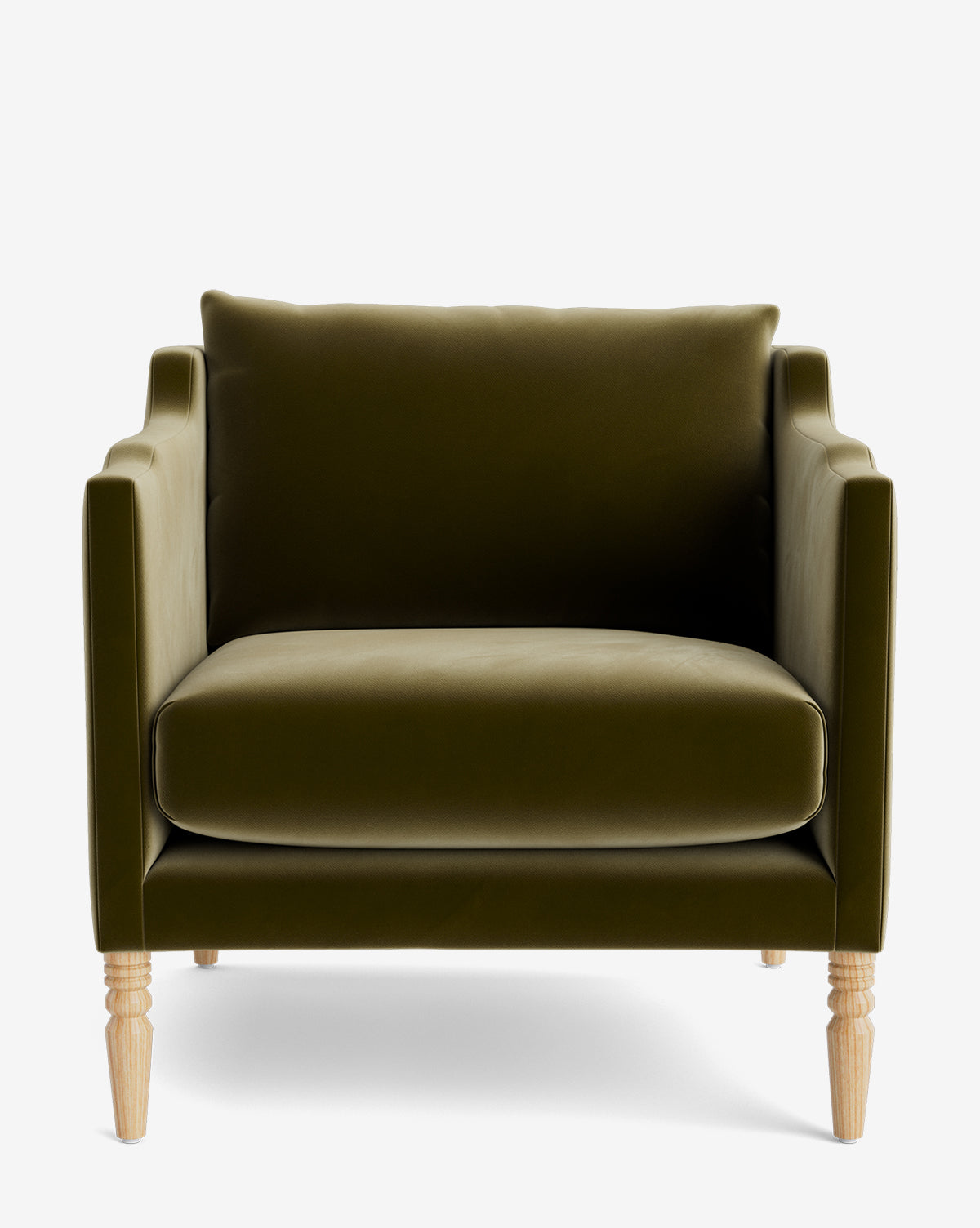 The Gemma Lounge Chair is a modern, olive green velvet chair with high-quality fabric, wooden legs, a boxy shape, and plush seat and back cushions, shown against a plain white background by McGee & Co.