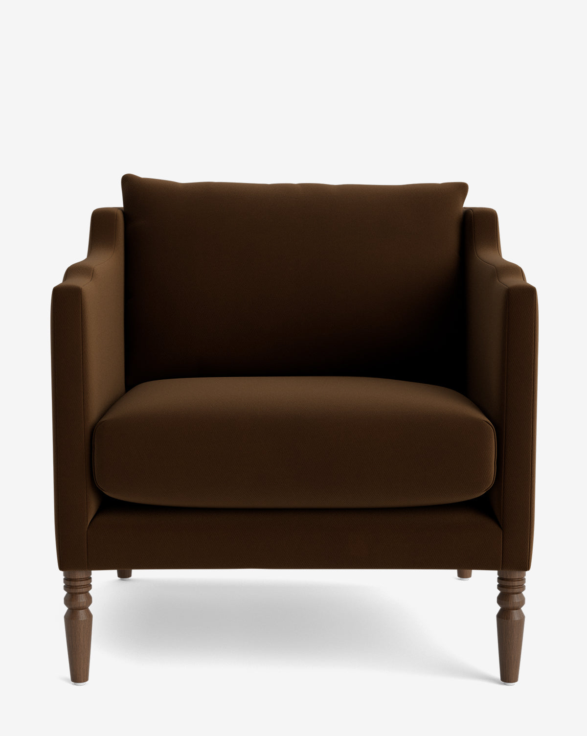 The Gemma Lounge Chair showcases brown upholstery with high-quality fabric, a cushioned seat and backrest, square arms, and traditional turned legs, displayed on a plain white background by McGee & Co.