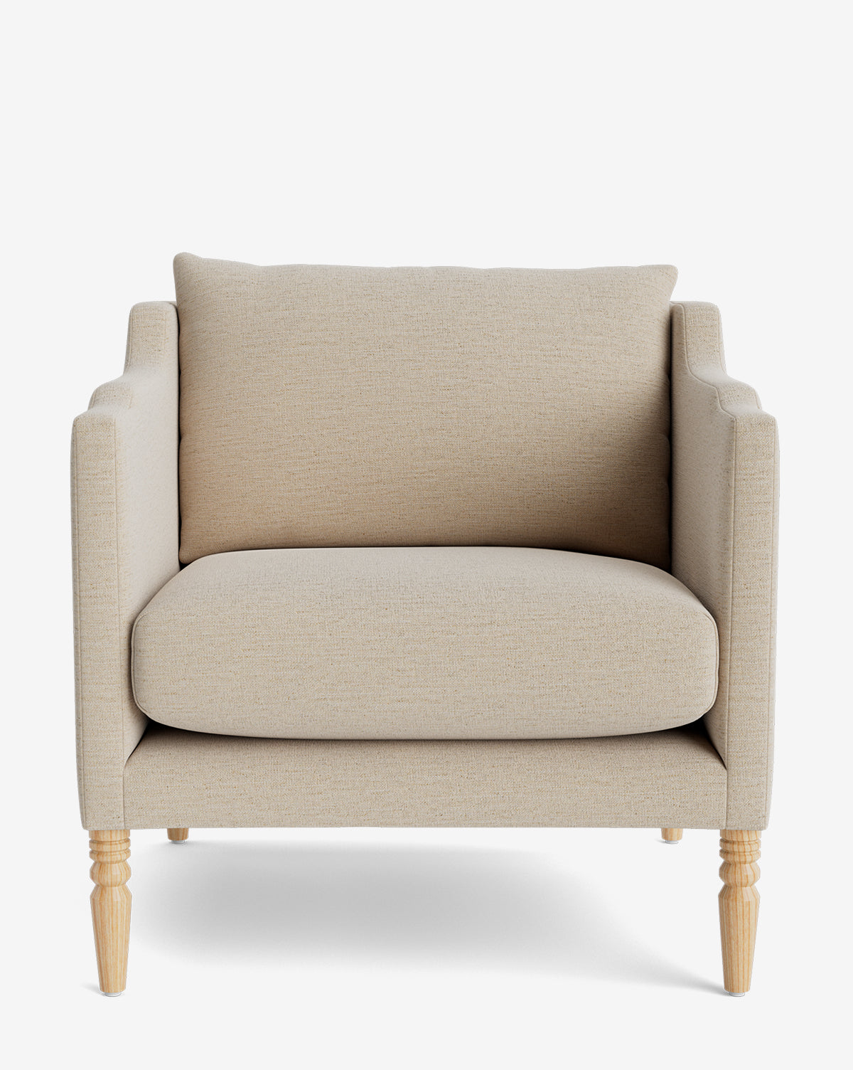 The Gemma Lounge Chair is a modern beige armchair featuring cushioned seat and backrest, square armrests, and four light wood legs, crafted from high-quality fabric, displayed against a plain white background by McGee & Co.