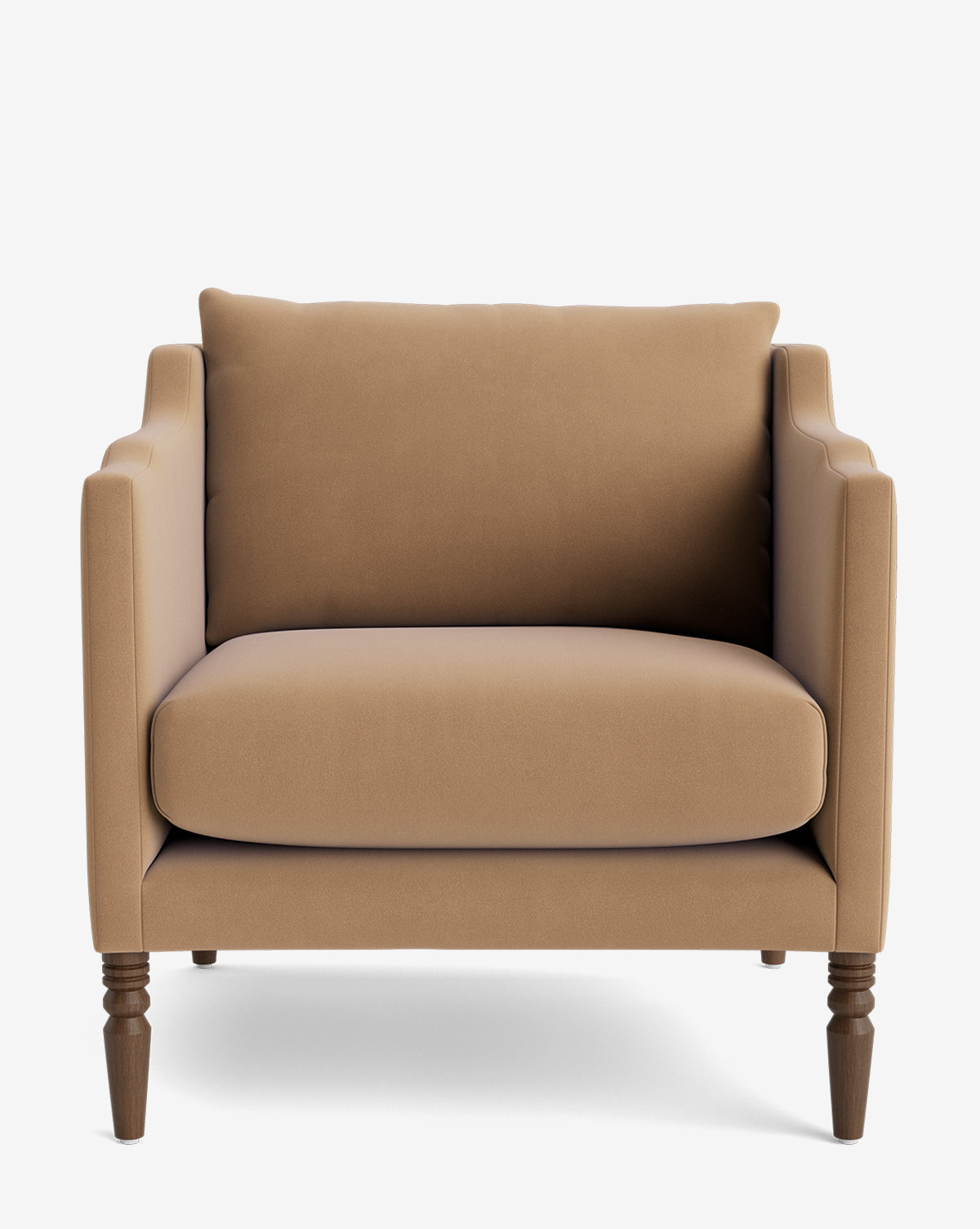 The Gemma Lounge Chair showcases a tan upholstered seat and backrest in premium fabric, straight arms, and classic turned legs, all presented on a plain white background, by McGee & Co.