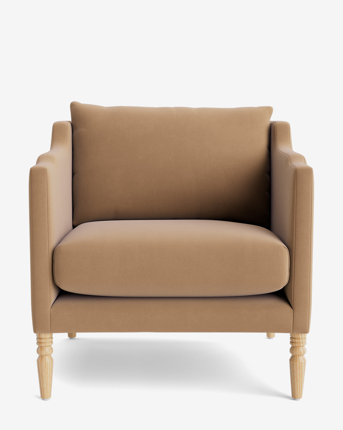 The Gemma Lounge Chair is a tan armchair with a cushioned backrest and seat, straight armrests, and light wooden legs. Crafted from high-quality fabric, it’s shown against a white background by McGee & Co.