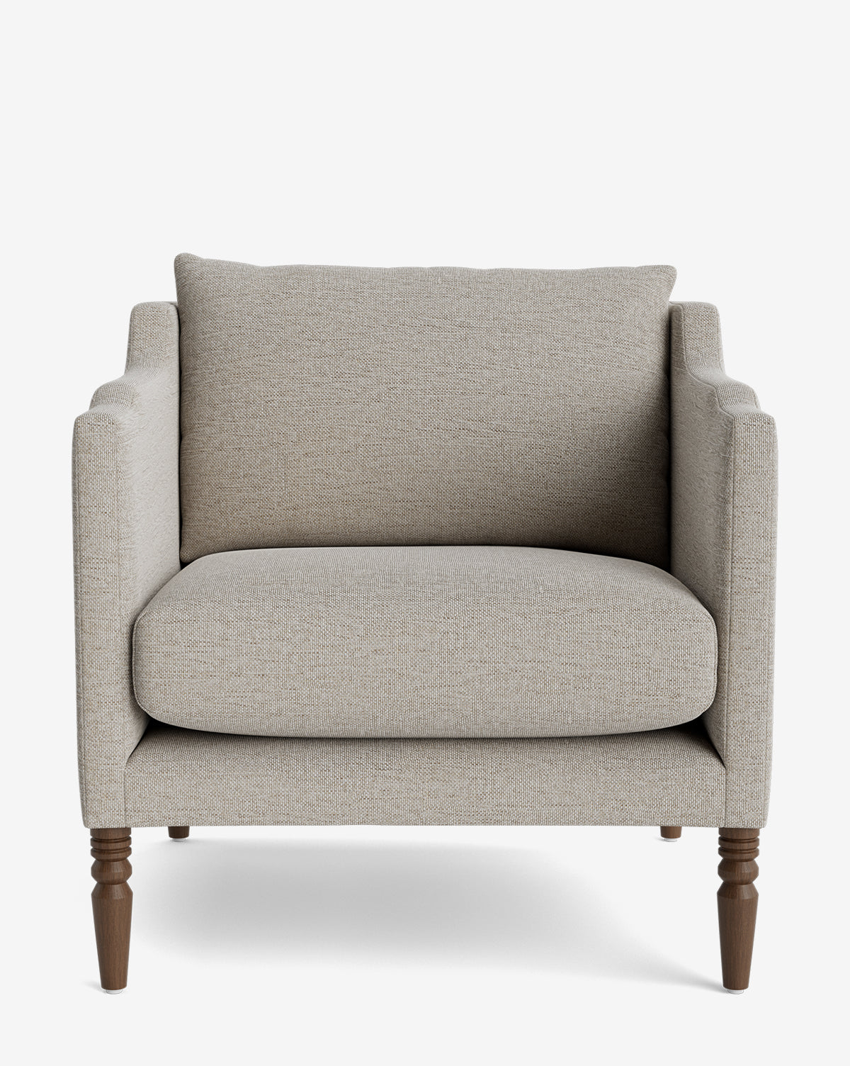 The Gemma Lounge Chair showcases a boxy beige upholstered design with plush seat and back cushions, high-quality fabric, and four classic turned legs, all set against a plain white background by Vendixs