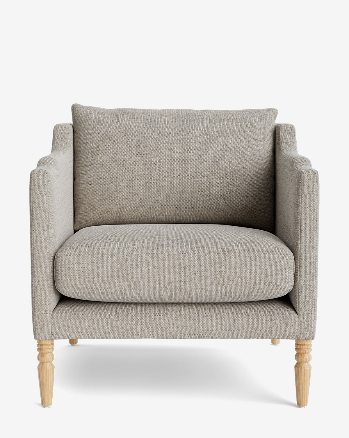 The Gemma Lounge Chair features beige upholstery, a plush cushion, square arms, and four light wood turned legs, shown from the front on a white background by McGee & Co.