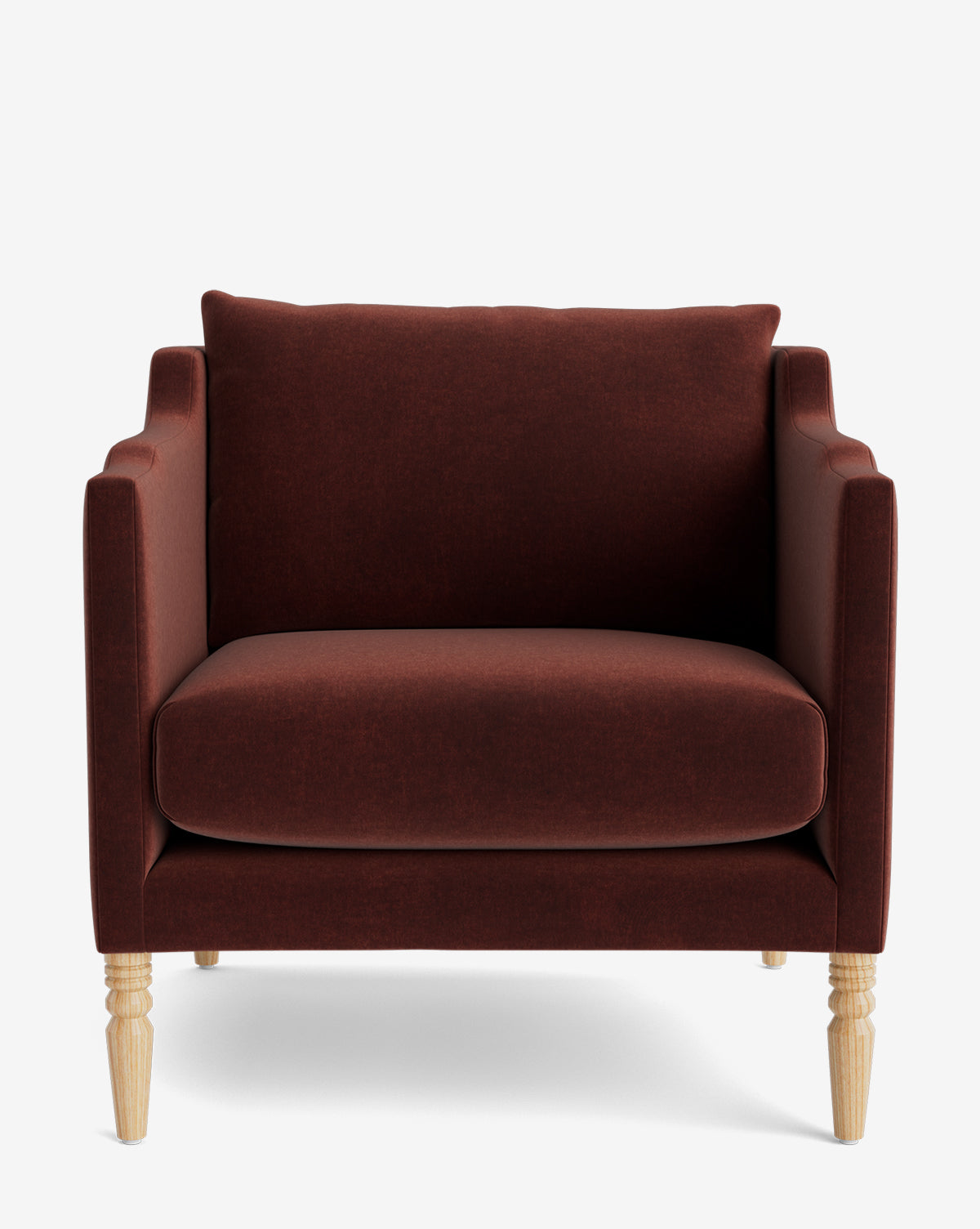 The Gemma Lounge Chair is a maroon upholstered armchair with premium fabric, square arms, and a cushioned backrest, featuring traditional turned legs and shown on a plain white background by McGee & Co.