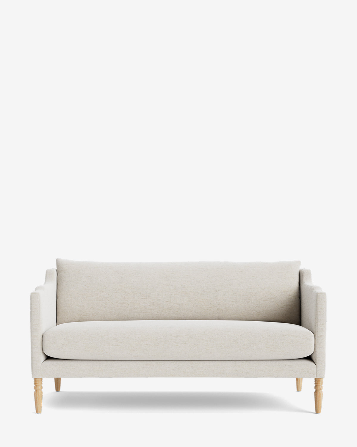 The Makerspalm Gemma Settee 65 features a modern light beige design with wooden legs, straight armrests, and a cushioned fabric backrest, shown against a plain white background, by Vendixs