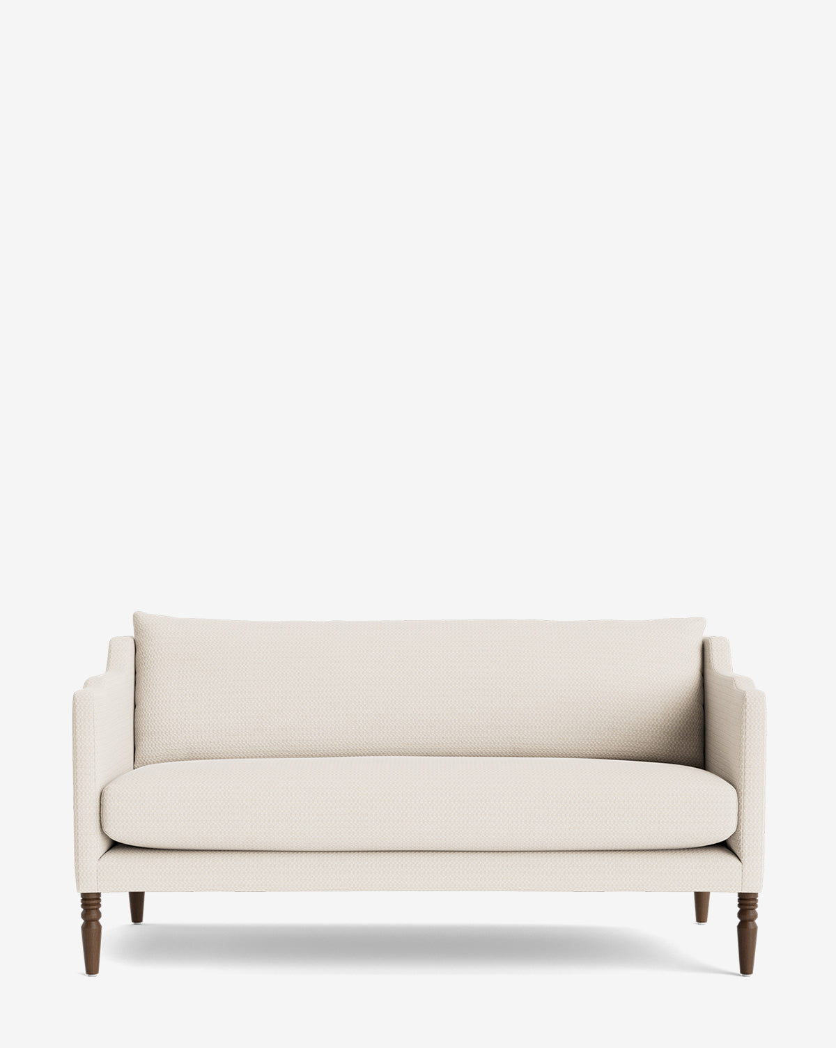 The Makerspalm Gemma Settee 65 features beige upholstery, wooden legs, and a rectangular back cushion made from high-quality fabric, displayed against a plain white background. Vendixs