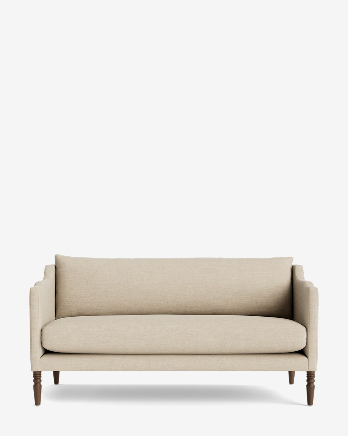 The Makerspalm Gemma Settee 65 showcases a timeless design with quality fabric, single seat and back cushions, straight arms, and dark wood legs, displayed against a plain white background by Vendixs