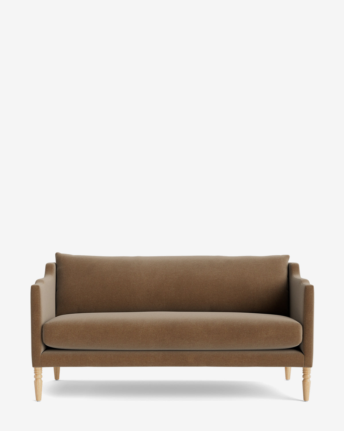 The Gemma Settee 65 features a modern brown design with clean lines, a cushioned backrest and seat in premium fabric, and light wooden legs, displayed against a plain white background by McGee & Co.