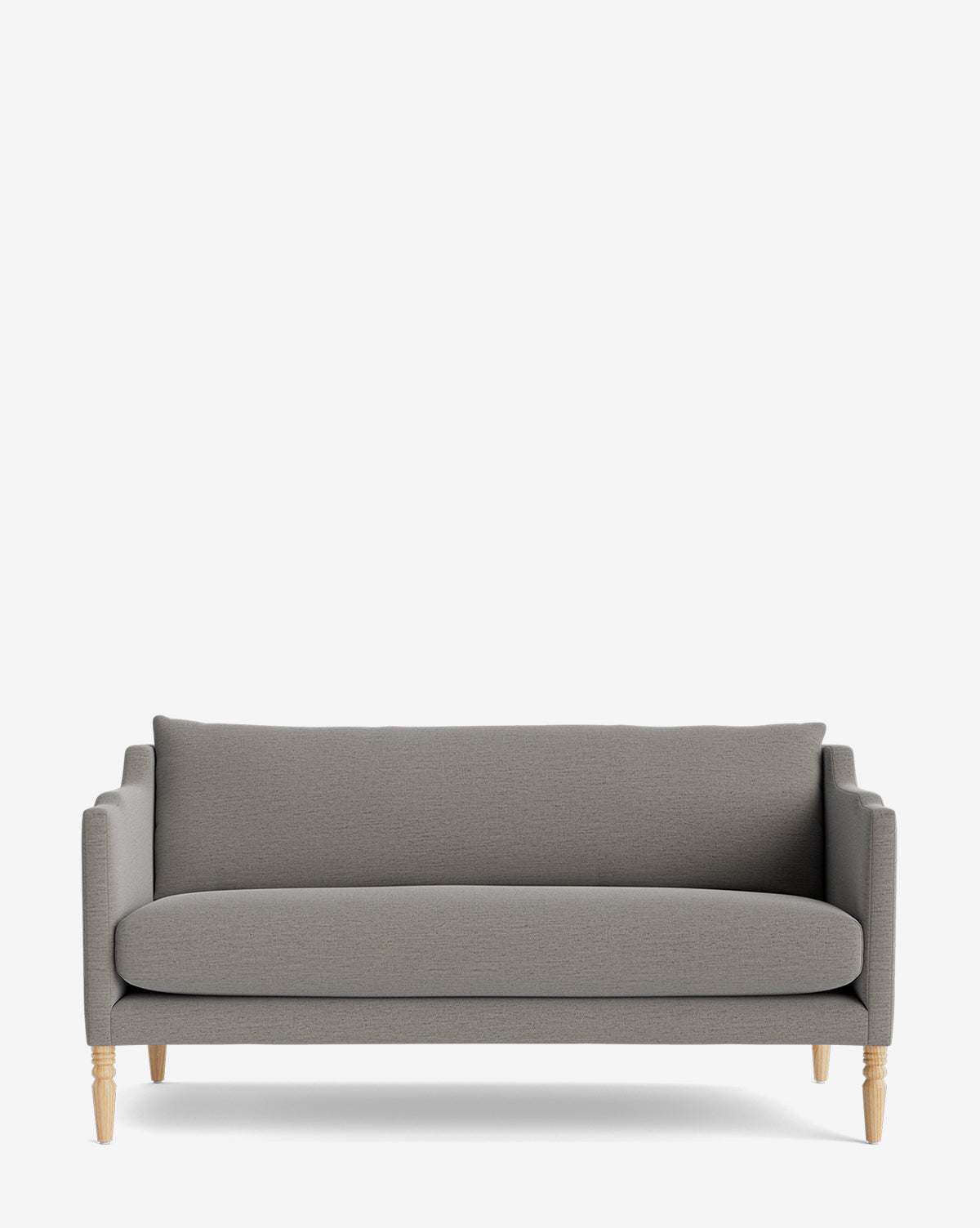 The Makerspalm Gemma Settee 65 is a modern, light gray upholstered sofa with straight arms, wooden legs, a single back cushion, and high-quality fabric for a timeless look against a white background by Vendixs