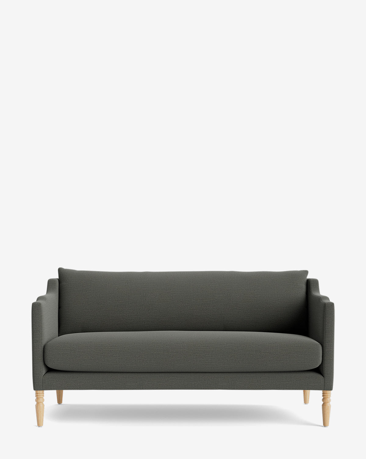 The Makerspalm Gemma Settee 65 is a modern dark gray piece with wooden legs, straight armrests, and a single back cushion in high-quality fabric, shown against a plain white background. Vendixs