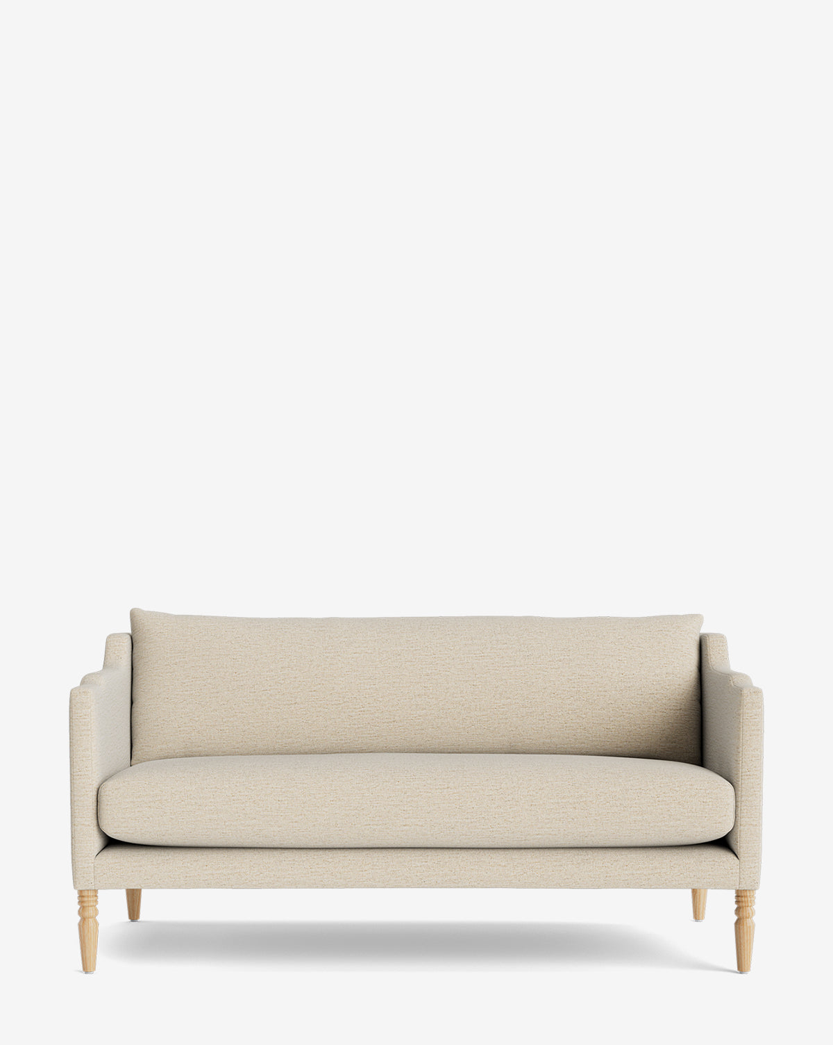 The Gemma Settee 65 is a beige upholstered loveseat with wooden legs, featuring a single seat cushion, back cushion, and slim armrests for a timeless look against a plain white background, by McGee & Co.