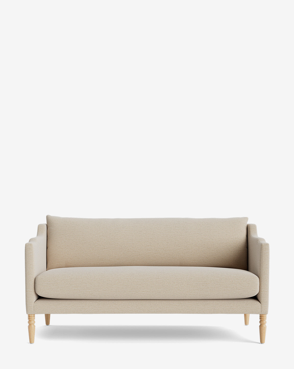 The Makerspalm Gemma Settee 65 features beige upholstery, a single seat and back cushion, light wooden legs, and timeless design in high-quality fabric, displayed against a white background. Vendixs