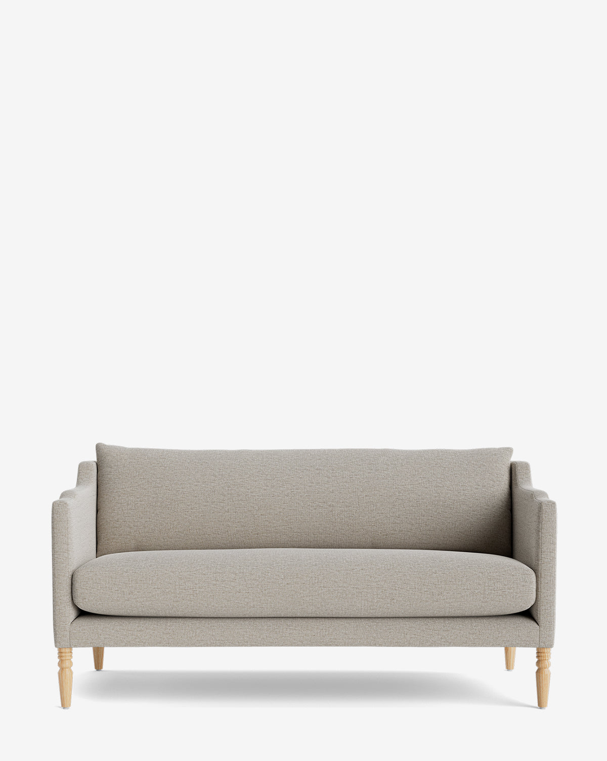 The Makerspalm Gemma Settee 65 is a modern, light gray upholstered sofa with a straight back, slender armrests, and light wooden legs—showcasing timeless style against a plain white background. Vendixs