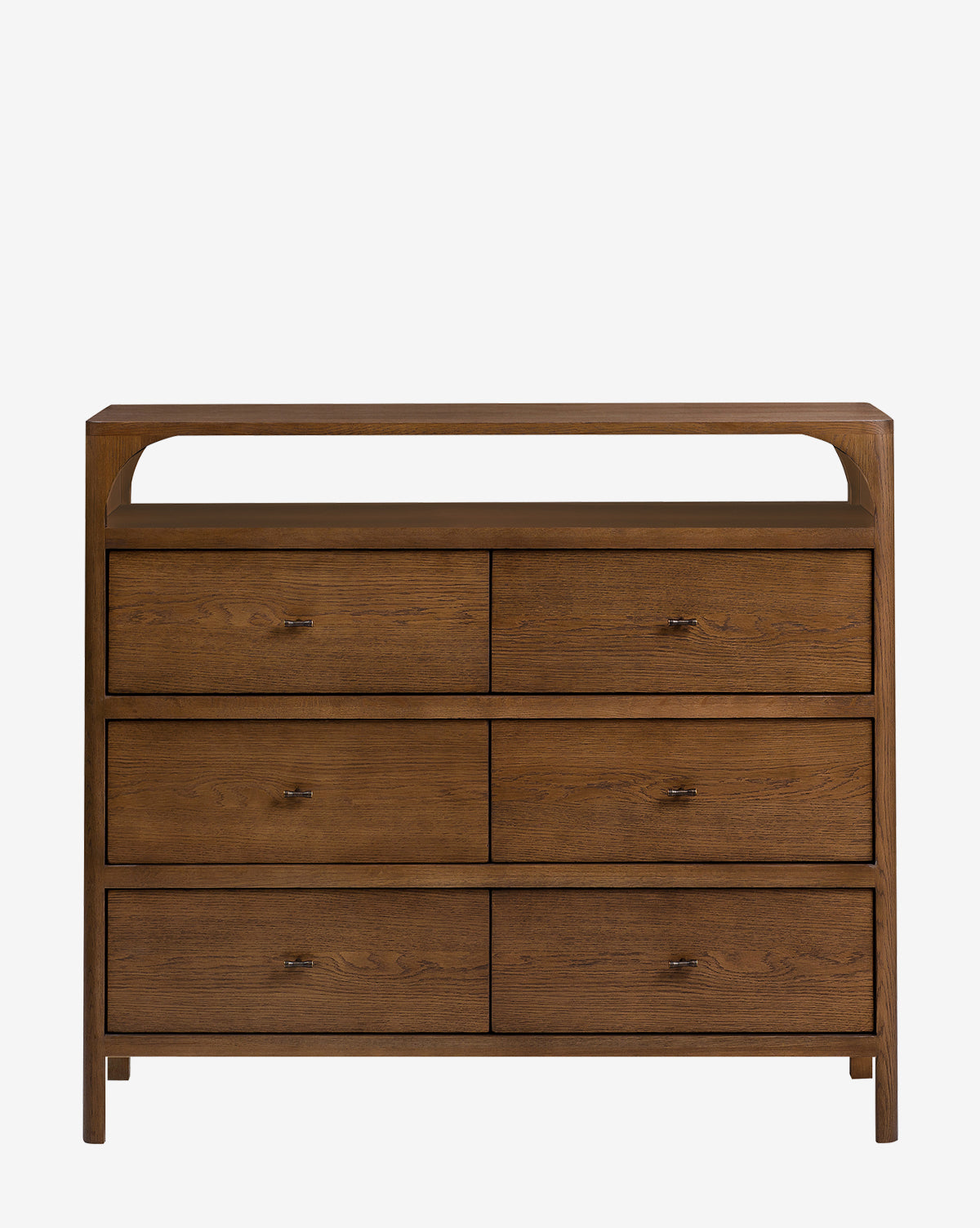 The Geneva Dresser features six drawers in two columns and three rows, an open top shelf, a medium brown wood finish, and a simple design with straight lines—ideal for modern bedroom storage, by Vendixs