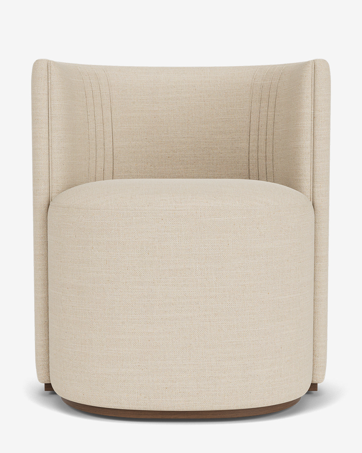 The Georgina Dining Chair by Makerspalm is a modern beige swivel chair with designer upholstery, a curved backrest, and subtle vertical stitching, echoing art deco style, displayed on a plain white background. Vendixs