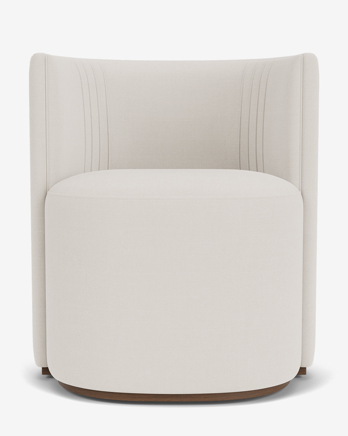 The Georgina Dining Chair features designer ivory upholstery, a curved backrest, vertical stitching, and a round wooden base—an art deco piece shown against a plain white background by Vendixs