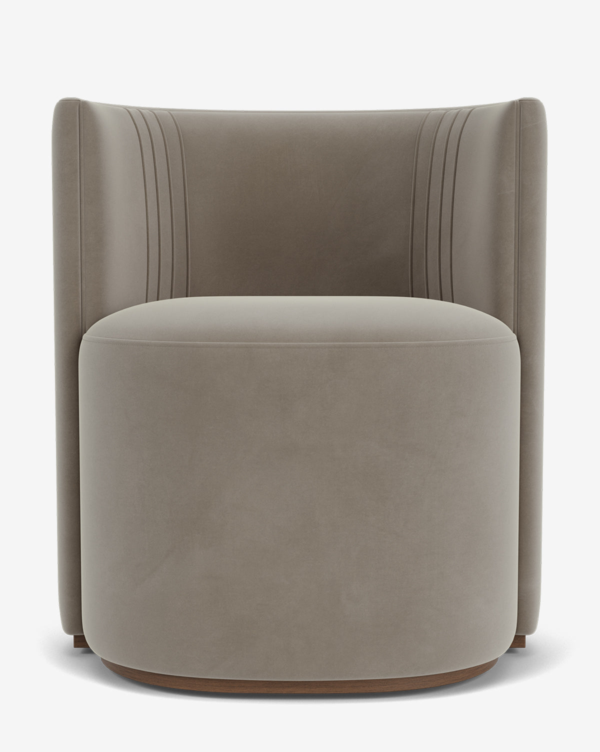 Front view of the Georgina Dining Chair—a modern accent chair in taupe with designer upholstery, rounded seat, high curved back, subtle stitched details, and minimalist design—shown against a plain white background by McGee & Co.