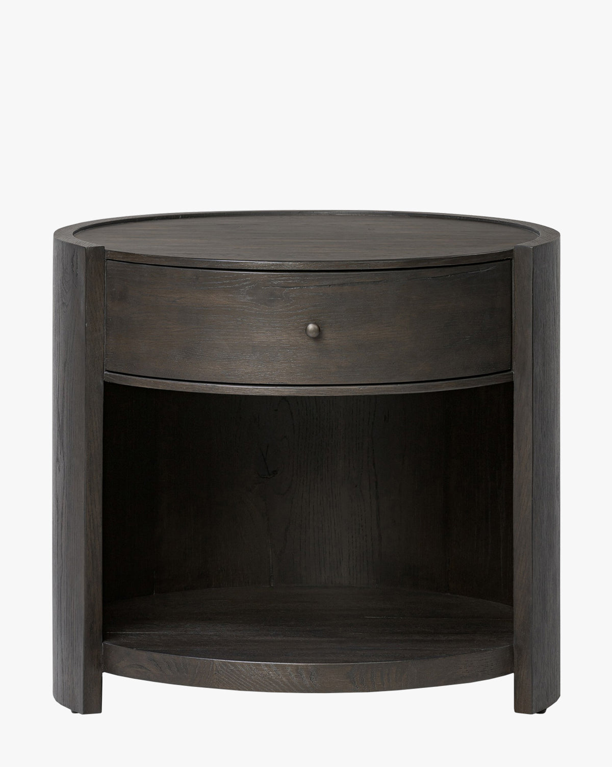 The Glenndon Oak Nightstand features a round black-finished design, one drawer with a small knob, and an open lower shelf—making it a stylish and functional bedside table, by Vendixs