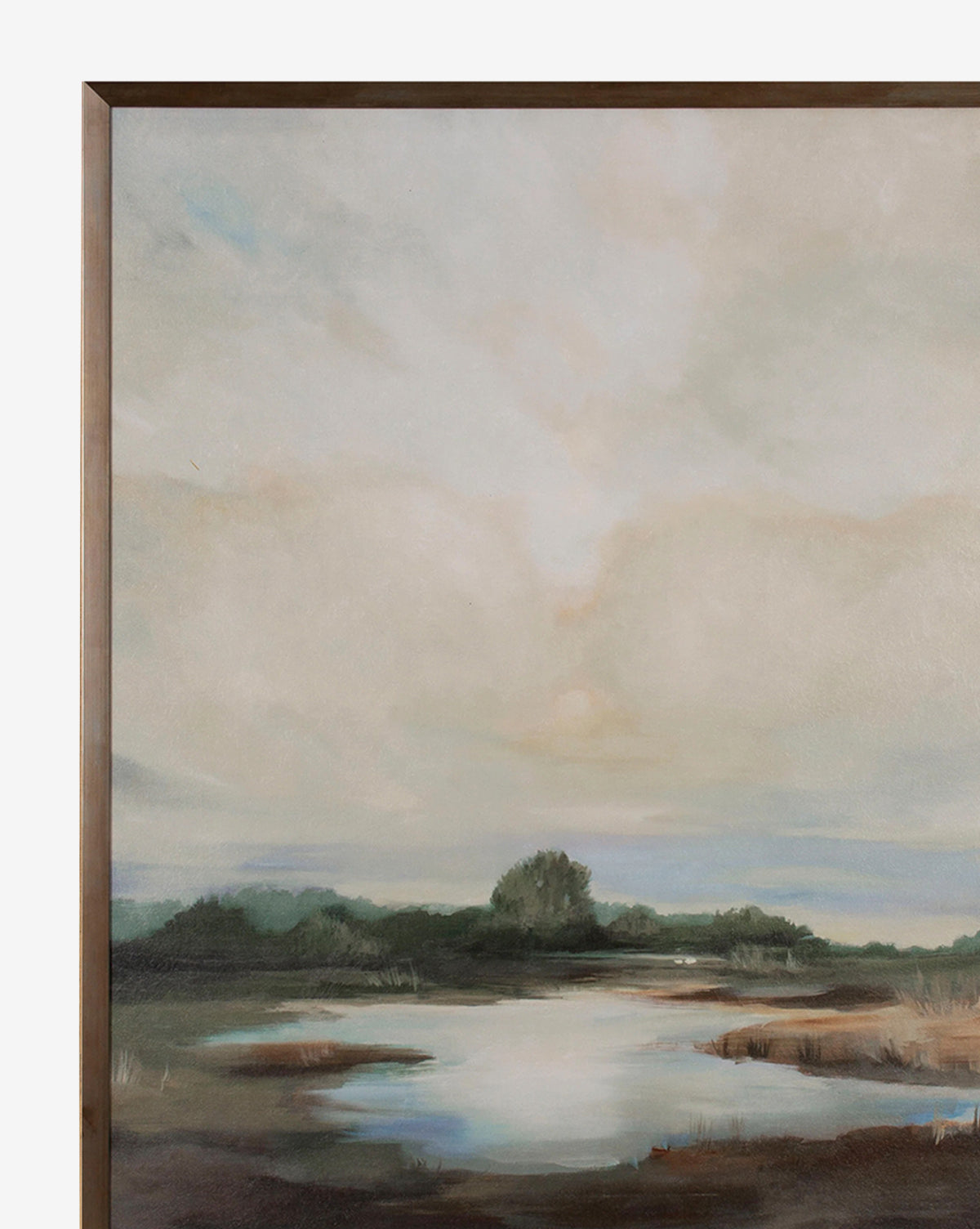 Golden Palette by Liz Jardine: a framed, gallery-quality painting featuring a calm landscape with a cloudy sky, distant trees, and reflective water bordered by grassy marshland in soft, muted golden tones, by Vendixs