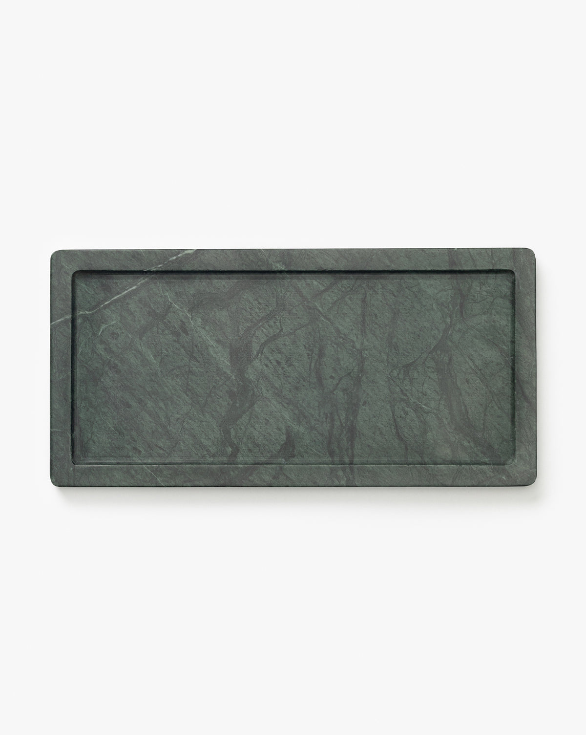 The Green Marble Nesting Tray, shown on a plain white background, features a rectangular shape and natural stone veining with a raised border—ideal for stylish decorative displays in any setting, by Vendixs