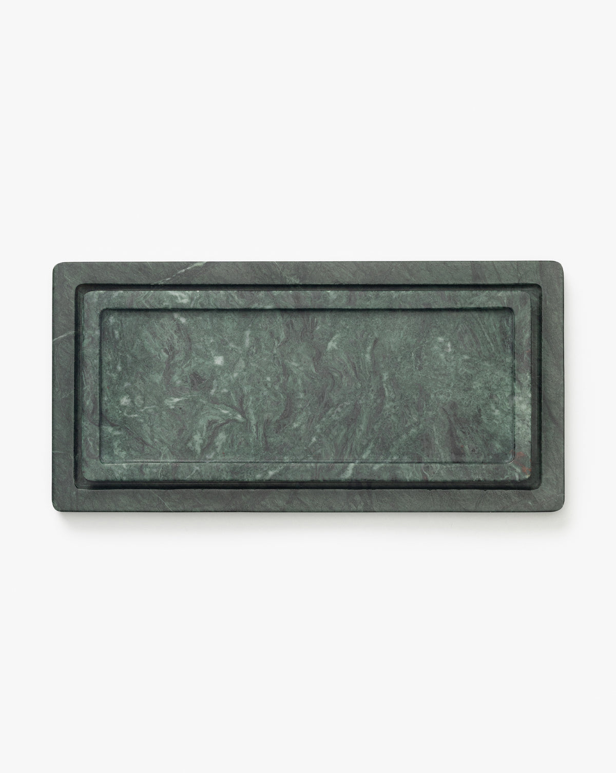 The Green Marble Nesting Tray features raised edges, subtle white veining, and a polished surface—ideal for decorative displays—shown here against a plain white background, by McGee & Co.