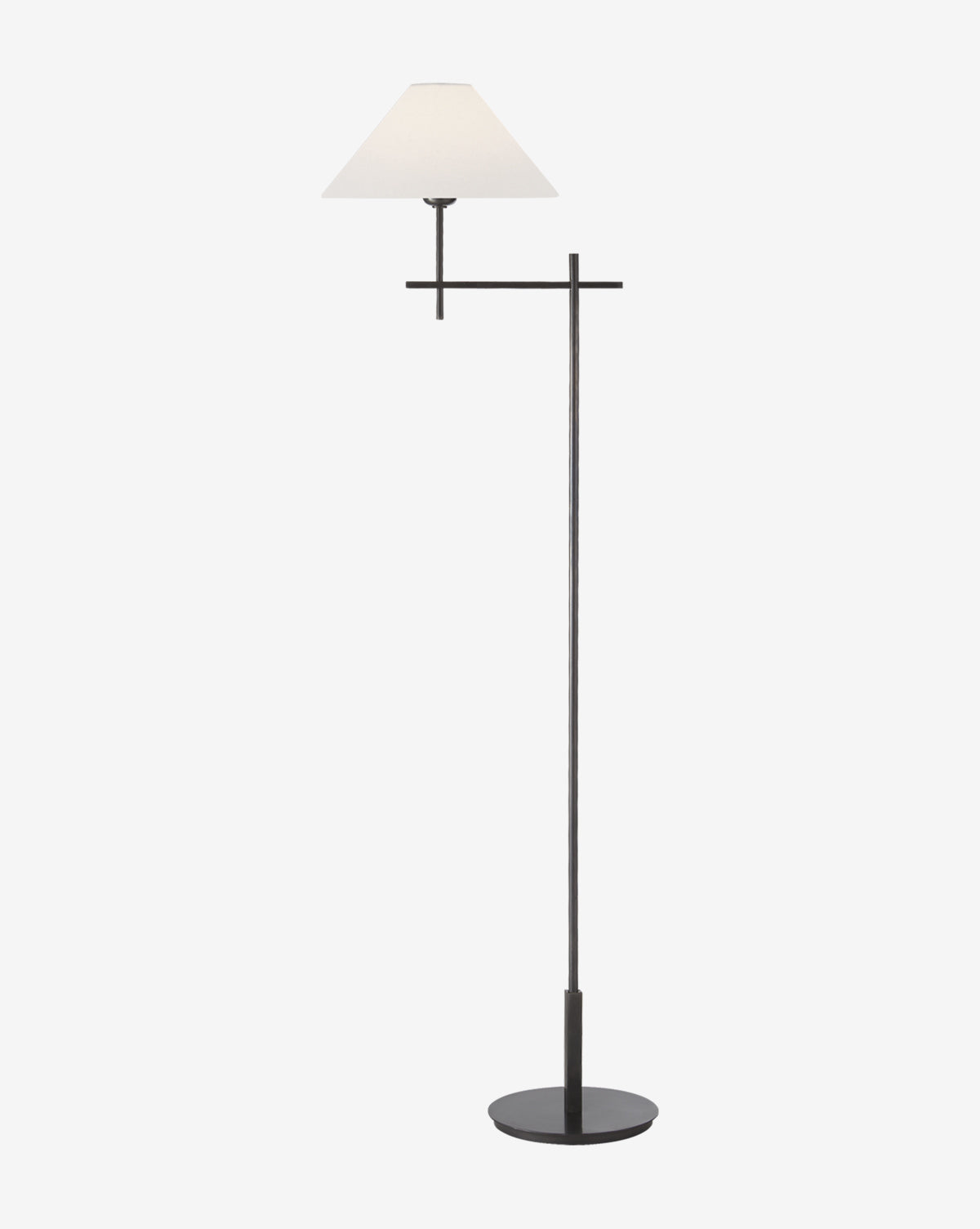 The Visual Comfort & Co. Signature Hackney Bridge Arm Floor Lamp features a slim black metal stand, round base, horizontal arm, and white conical shade, shown against a plain white background. Vendixs